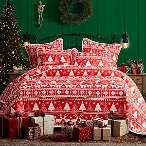 Tititada Christmas Quilt Bedspread Set Queen Size, Elk Deer Xmas Tree Snowflake Striped Printed Soft Microfiber Holiday Lightweight Coverlet Bedding Set with Pillow Shams