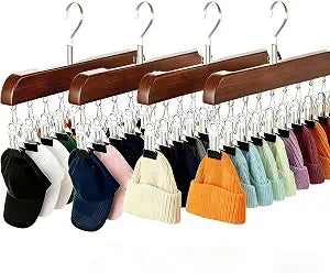 4 Pack Hat Hangers for Closet Display, Wooden Hat Storage Organizer