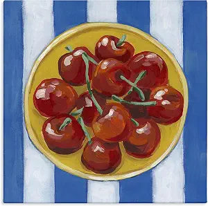 Cherry Bowl Striped Still Life, 24 x 24 Inch Canvas Wall Art