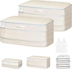 Comforter Storage Bag - Large Capacity Bedding Storage Bags Ultra Space Saving Self Compression Organizer, Washable Compression Bags for Storage Comforter Blanket Duvet Pillow, 2-Pack, Beige