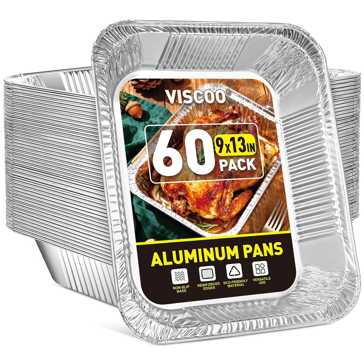 VISCOO 60 Pack 9x13 Inch Aluminum Pans, Disposable Foil Pans