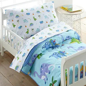 Wildkin 4-Piece Toddler Bed in a Bag ��� Cotton Comforter, Sheets & Pillowcase for Cozy Cuddles - Dinosaur Land