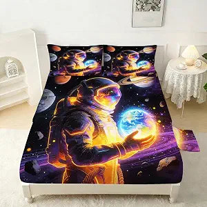 Outer Space Fitted Sheet Twin Size Galaxy 14 inches Deep Pocket Bed Sheet Set for Boys Girls Kids Teens Soft and Breathable Astronaut Bedding Set,1 Fitted Sheet& 1 Flat Sheet& 1 Pillowcases