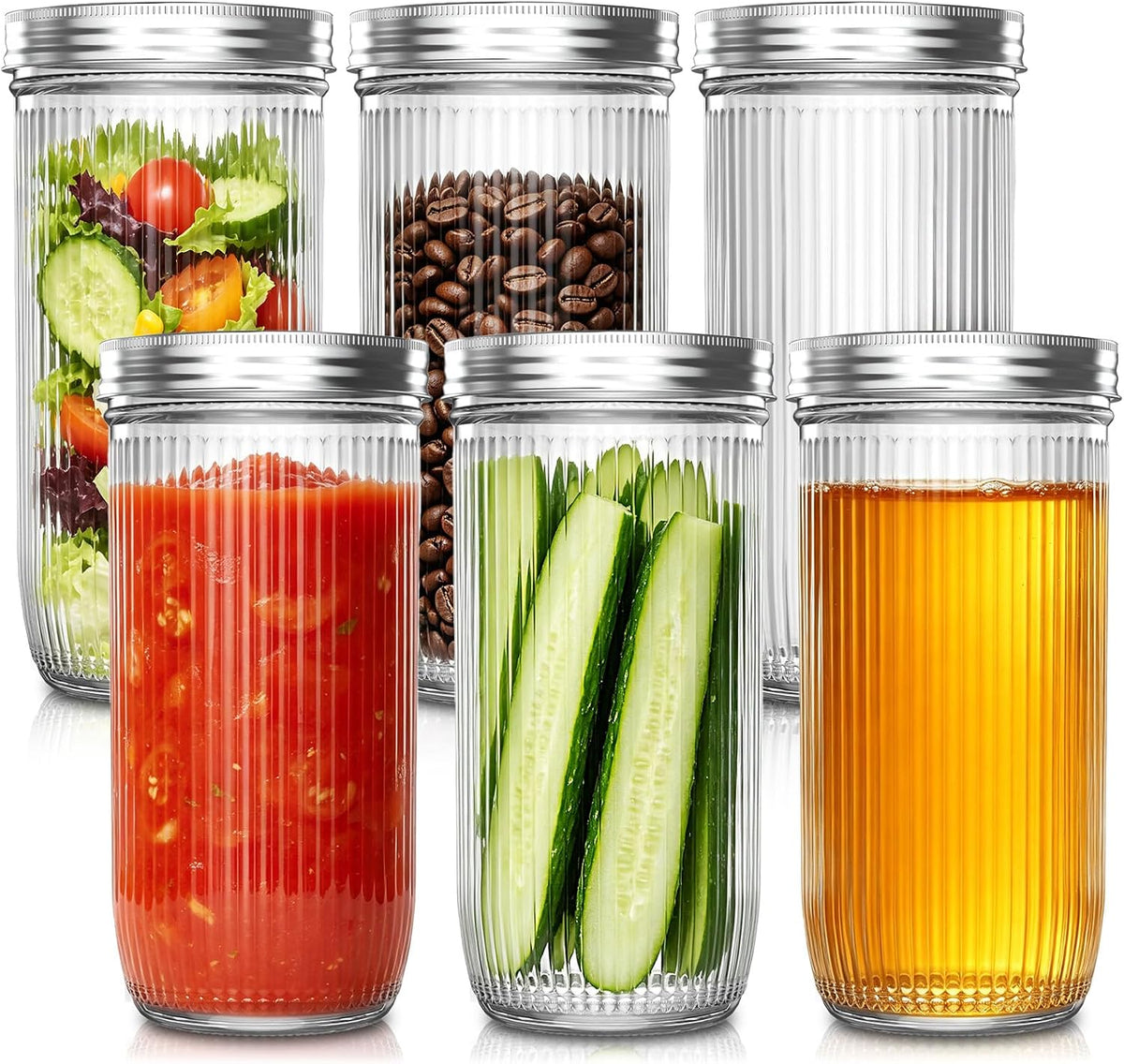 INSETLAN 24 oz Ribbed Wide Mouth Mason Jars, 6 Pack Glass Canning Jars with Airtight Metal Lids and Bands, Glass Jars for Jam, Honey, Fermenting, Pickling, Overnight Oats, Salad, Fridge Safe
