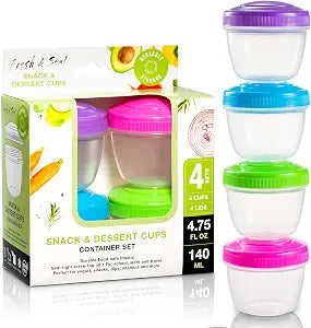 Snack Containers (4 Set) - 4.75 Oz Small Food Storage Cups with Lids - Fruit, Nuts, Sauce, Condiments & Salad Container for Lunch Box - Reusable Dessert Cups, Microwave & Freezer Friendly, BPA-free
