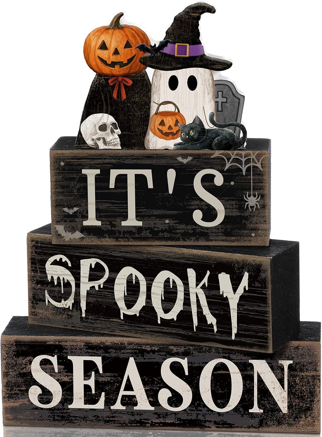 Moucuny 4 Pcs Halloween Table Decor Pumpkin Ghost Wood Stacked Block Decor