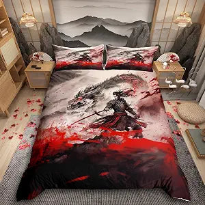 Dragon Duvet Cover Twin Size,Japanese Samurai Bedding Set 2Pcs for Kids Boys Teens Men Room Decor Magical Animals Comforter Cover,Western Wildlife Theme Black Red Ink Style Quilt Cover,1 Pillowcase