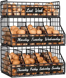 Egg Holder Countertop with Dividers & Labels, 3 Tier Stackable Chicken Egg Holder Egg Baskets for Gathering Fresh Eggs, Egg Organizer for Egg Storage, Wall-Mounted, Black