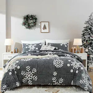 JANZAA Christmas Comforter Set Queen, Dark Grey Snowflake Christmas Bedding