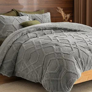PHF Warm Sherpa Fleece King Comforter Set, 3D Tufted Fluffy Grey Bedding for Winter, Soft 3 Pieces Shaggy Bed Set, 1 Comforter (104"x90") and 2 Pillowcases (20"x36")