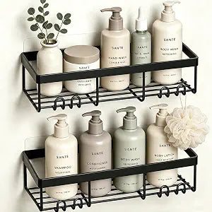 Moforoco Shower Caddy Shelf Organizer Rack, Self Adhesive Black Bathroom Shelves Basket, Home Farmhouse Wall Inside Organization and Storage Decor Rv Accessories, First Camper Apartment Essentials