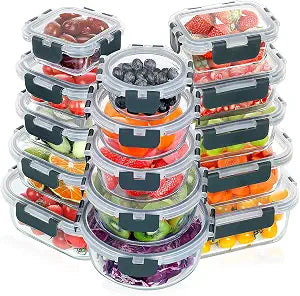 VERONES 30 Pieces Glass Food Storage Containers Set with Lids, Grey