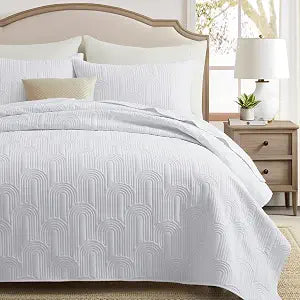 Lavsiry Quilt Queen Size with Pillow Shams, Summer Lightweight Full Size Arch Pattern Bedspreads, Soft Microfiber Thin Comforter Coverlet Bedding Set for All Seasons - Bright White, 90"x96"