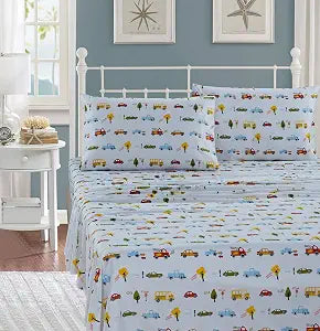 Luxury Home Collection Kids Bedding 3 Piece Twin Size Print Sheet Set Boys with Fitted, Flat and 1 Pillow Case Set City Traffic Cars Trucks School Bus Taxis Fire Truck Blue Yellow Red Orange