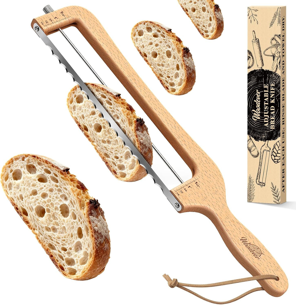 Woodever Adjustable Bread Slicer for Home Use, Wooden Sourdough Bread Knife for Homemade Bread with Bow Design, Premium Stainless Serrated Bread Cutter for Bagels and Baguettes - Natural Beech