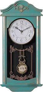 Clockswise Large Vintage Grandfather Wood- Looking Plastic Pendulum Wall Clock for Living Room, Kitchen, or Dining Room, (Large, Blue)