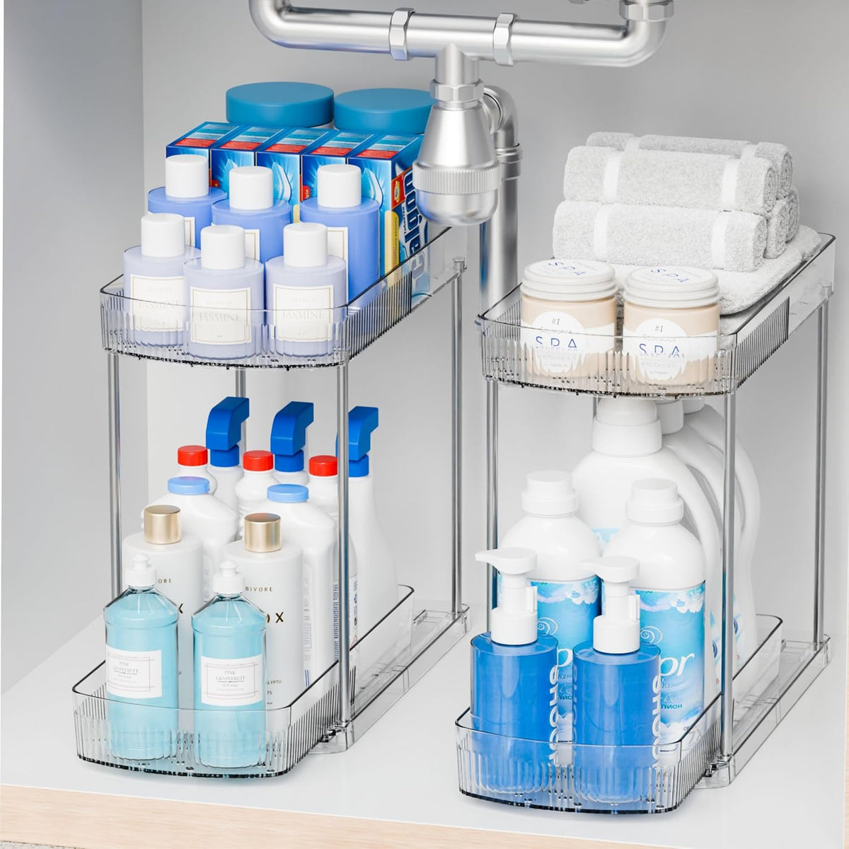 2 Pack Large Pull Out Bathroom Organizers and Storage,2 Tier 12.8â€³ Tall Sliding Kitchen Under Sink Organizer for Cleaning Products Storage,Acrylic Clear Bathroom inder Sink Organizer,Undersink Storage