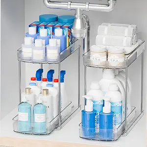 2 Pack Large Pull Out Bathroom Organizers and Storage,2 Tier 12.8 Tall Sliding Kitchen Under Sink Organizer for Cleaning Products Storage,Acrylic Clear Bathroom inder Sink Organizer,Undersink Storage