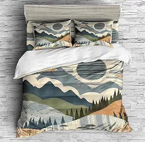 Japanese Mountain Bedding Set Abstract Sunset Landscape Duvet Cover