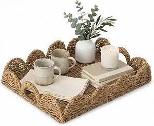 Wickerwise Decorative Rectangular Seagrass Serving Tray with Handle, Small
