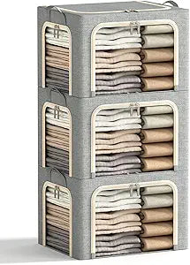 3 Openings Clothes Storage Bins with Metal Frame, Foldable Storage Bin for Clothes, Clothing Storage Bins with Lid, Linen Storage Box With Clear Window Zippers Durable Handles.(3 Pcs,Light Grey,40L)