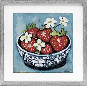 Strawberries in Blue Bowl Kitchen, 13 x 13 Inch Framed Print Under Glass
