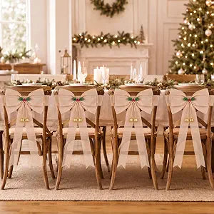 Moukeren 4 Pack Burlap Christmas Chair Sashes Bows with Jingle Bells, Linen