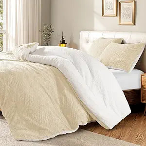 DEITAS King Comforter Set 3 Pieces - 3D Jacquard Design Sherpa Bedding Set, Super Soft and Warm Fluffy Quilt for Winter, 1 Comforter and 2 Pillowcases,Cream White