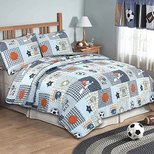 Cozy Line Home Fashions Blue Sports Baseball Basketball Soccer Ball Football Quilt Set Bedspread Coverlet for Boys Kids (Sport, Twin - 2 piece)