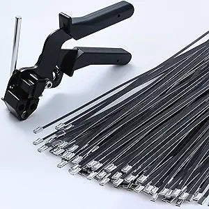 Stainless Steel Cable Tie Gun & 100pcs 12in Black Metal Zip Ties