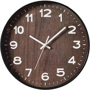Quickway Imports Decorative Modern Round Wood- Looking Plastic Wall Clock for Living Room, Kitchen, or Dining Room, Brown