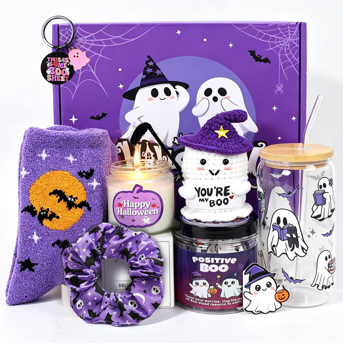 PARTY TONIGHT Boo Basket Stuffers for Women Teens Girls, Halloween Gifts for Adults with Spooky Glass Cup Positive Affirmation Cards, Care Package Spa Gifts for Mom Wife Girlfriend Her Best Friend