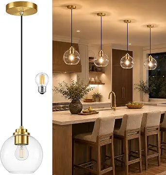 KoKo&Yukina 6" Globe Pendant Light Pendant Lights Kitchen Island Gold Clear Glass Pendant Lights Height Adjustable Mid Century Modern Light Fixture for Dining Room Bedroom Entryway Foyer Bulb Incl.