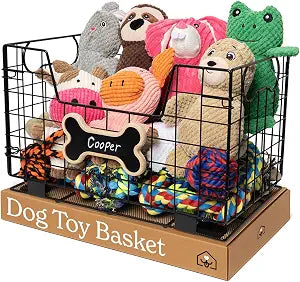 Metal Dog Toy Basket for Dogs and Cats (15 x 10 x 9 in, Medium) - Heavy-Duty Steel Wire Storage Bin Holds Toys, Bones, Ropes, Blankets, Treats - Dog Toy Box for Living Room Organization