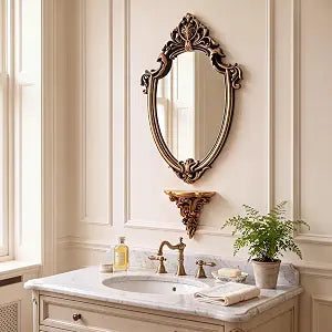 Novabright 2 Pcs Oval Wall Mirror and Shelf Set, Vintage Gold Frame