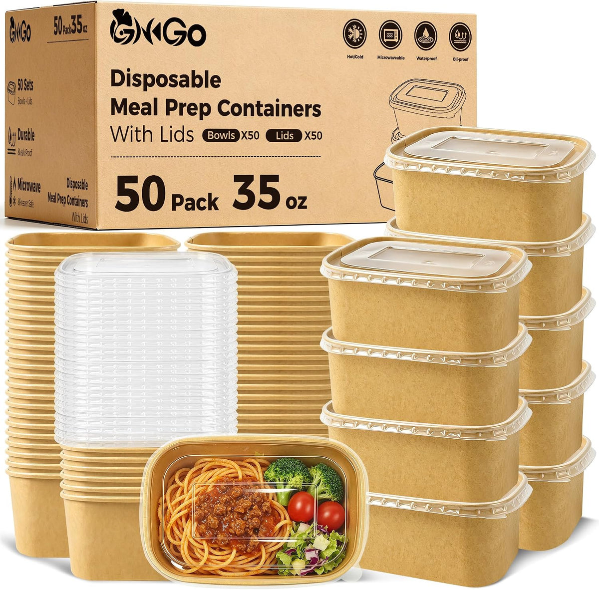 Ginkgo 50 Pack (100-Pieces) 35 oz Meal Prep Containers with Lids