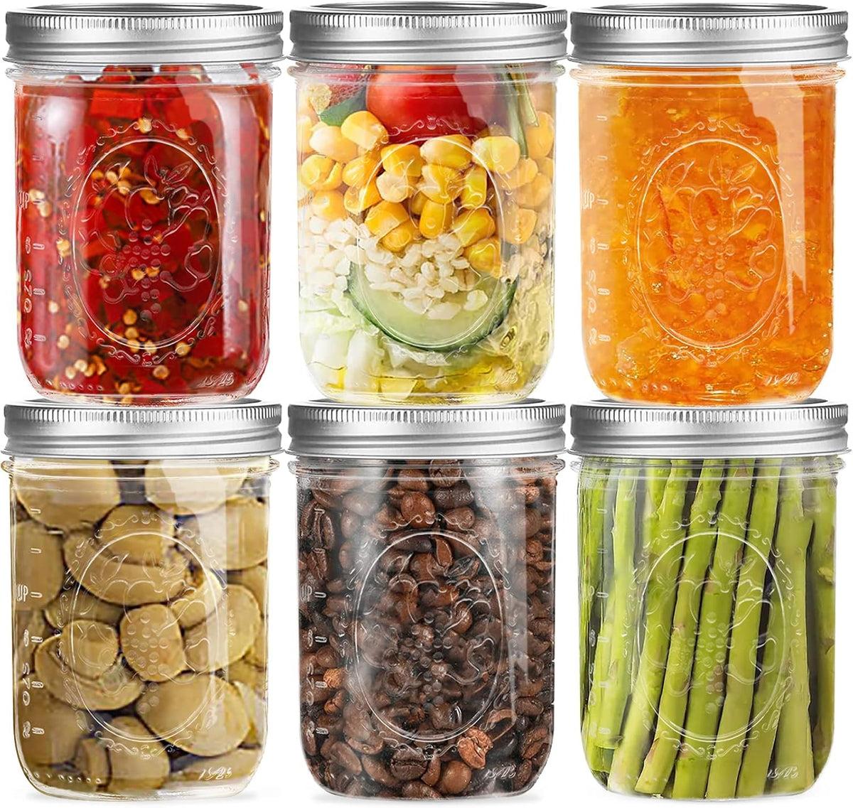 Wide Mouth Glass Mason Jars 16 oz, 6 Pack Glass Canning Jars with Metal Airtight Lids and Bands and Measurement Marks, for Canning, Preserving, Overnight Oats, Jam, Jelly, Food Storage, DIY etc
