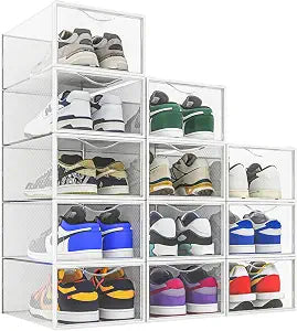 Seseno 12 Pack Shoe Storage Bins, Clear Plastic Stackable Shoe Organizer for Closet, Space Saving Foldable Shoe Rack, Shoe Box Sneaker Holder Container
