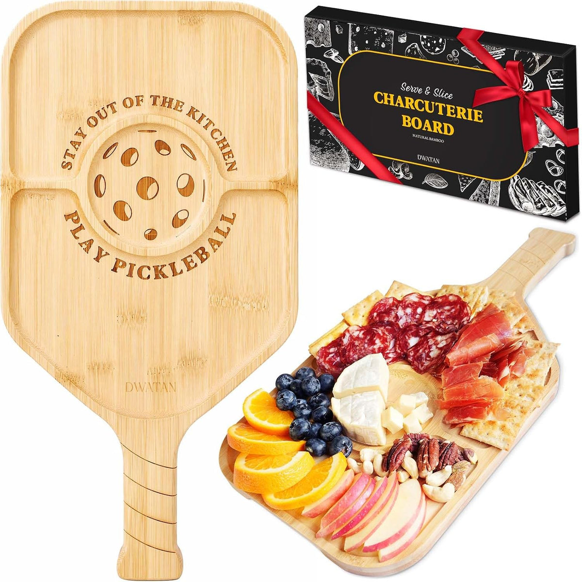 Pickleball Charcuterie Board, Bamboo Paddle-Shaped Serving Tray
