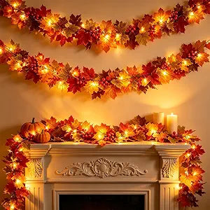 2 Pack Fall Garland with Lights, Total 11.8ft 50 LED Lighted Fall Garland