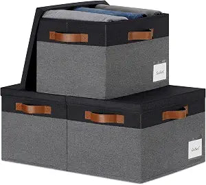 Large Storage Bins with Lids, Foldable Fabric Storage Baskets with Lids, Sturdy Storage Boxes with Labels and 3 PU Handles for Closet Home Bedroom Office (26L, 3 Packs, Grey&Black)