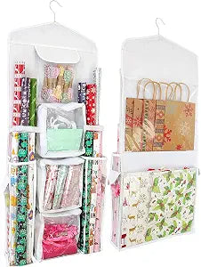 SumDirect Double-Sided Gift Wrap Organizer - White Hanging Wrapping Paper Gift Bag Storage Holder Pockets