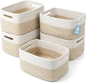 5 Small Woven Storage Basket for Organizing Shelves with Handles