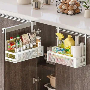 Hanging Kitchen Baskets Fine Mesh Wire Storage Basket Over Cabinet Door Organizer No Drilling Required for Kitchen Bathroom Office, 2 Smalls, White.