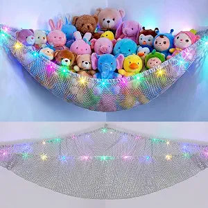 Stuffed Animals Hammock with LED Light Toy Net Room Decor Corner Storage