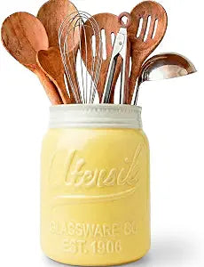 Comfify Yellow Mason Jar Utensil Holder  Wide Mouth Ceramic  Farmhouse
