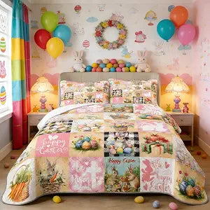 3-Piece Easter Patchwork Quilt Set King Size Rabbit Eggs Bedspread with 2 Pillow Shams Soft Lightweight Microfiber Bedding Set Coverlet (Pink Plaid, King)