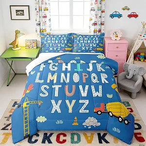 Castle Fairy English Alphabet Comforter Set Twin Size for Kids Truck Excavator Bedding Sets All Season Construction Transport Car Quilt Set Bedroom Decor Tower Crane Down Comforter,2Pcs