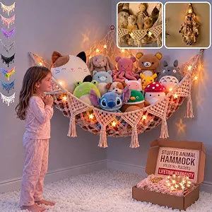 TIDYTEDS Stuffed Animal Hammock Corner | Sturdy Handcrafted Stuffed Animal Net | 4mm Double Macrame Cord Stuffed Animal Holder | Natural 100% Cotton Plushie Net | Toy Hammock w/LED Light (Ice Cream)