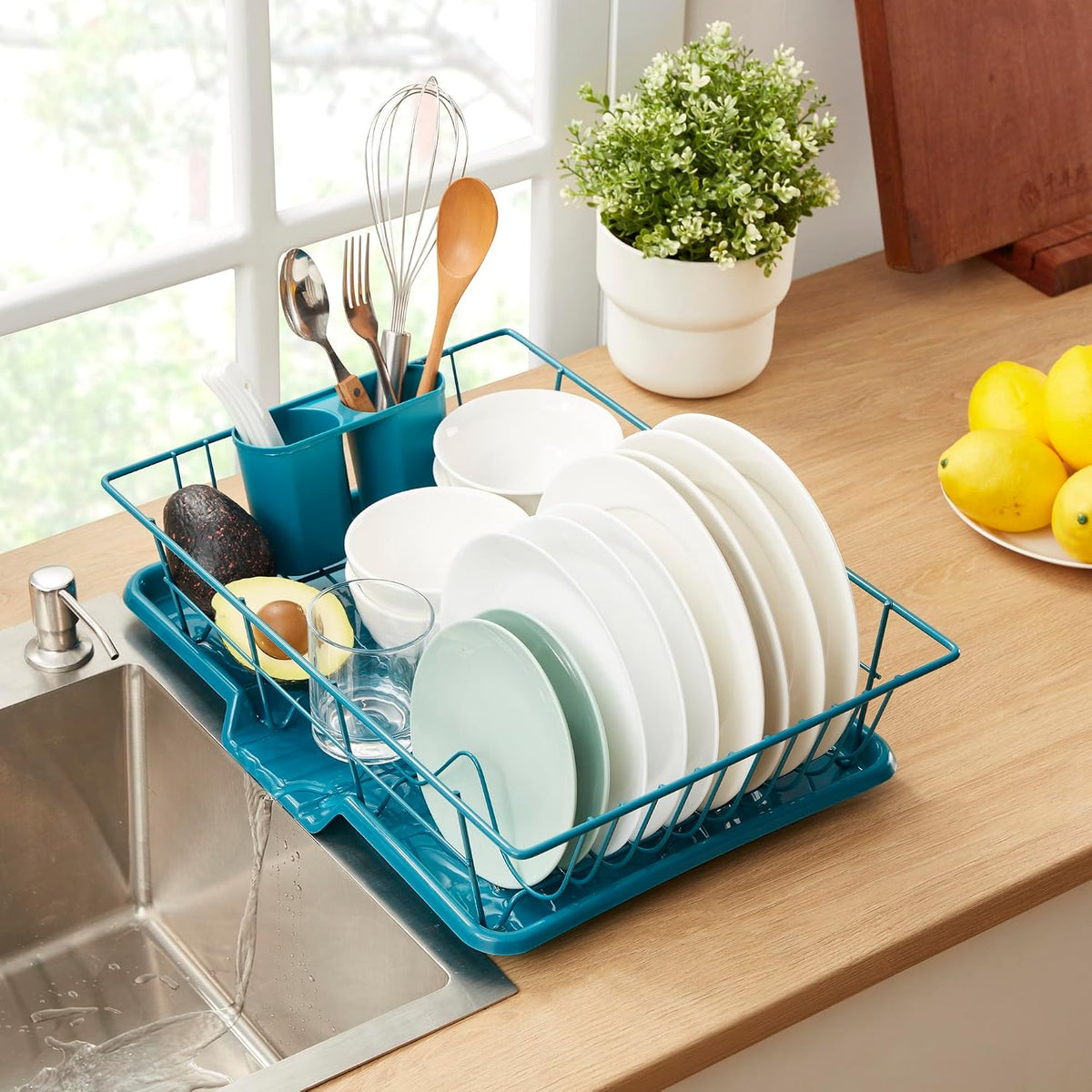 Space-Saving 3-Piece Dish Drainer Rack Set Efficient Kitchen Organizer for Quick Drying and Storage Includes Cutlery Holder and Drainboard Maximize Countertop Space, Blue/Green Teal